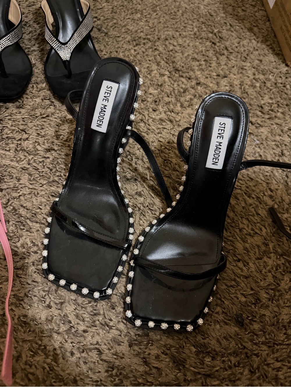 Steve Madden Black Jeweled Square-Toe Strap Heels